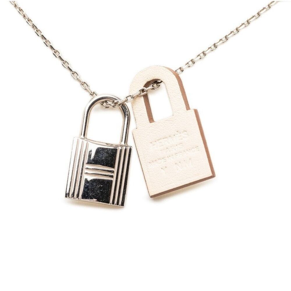 Hermes O'Kelly PM Chain Pendant Necklace Silver Ivory